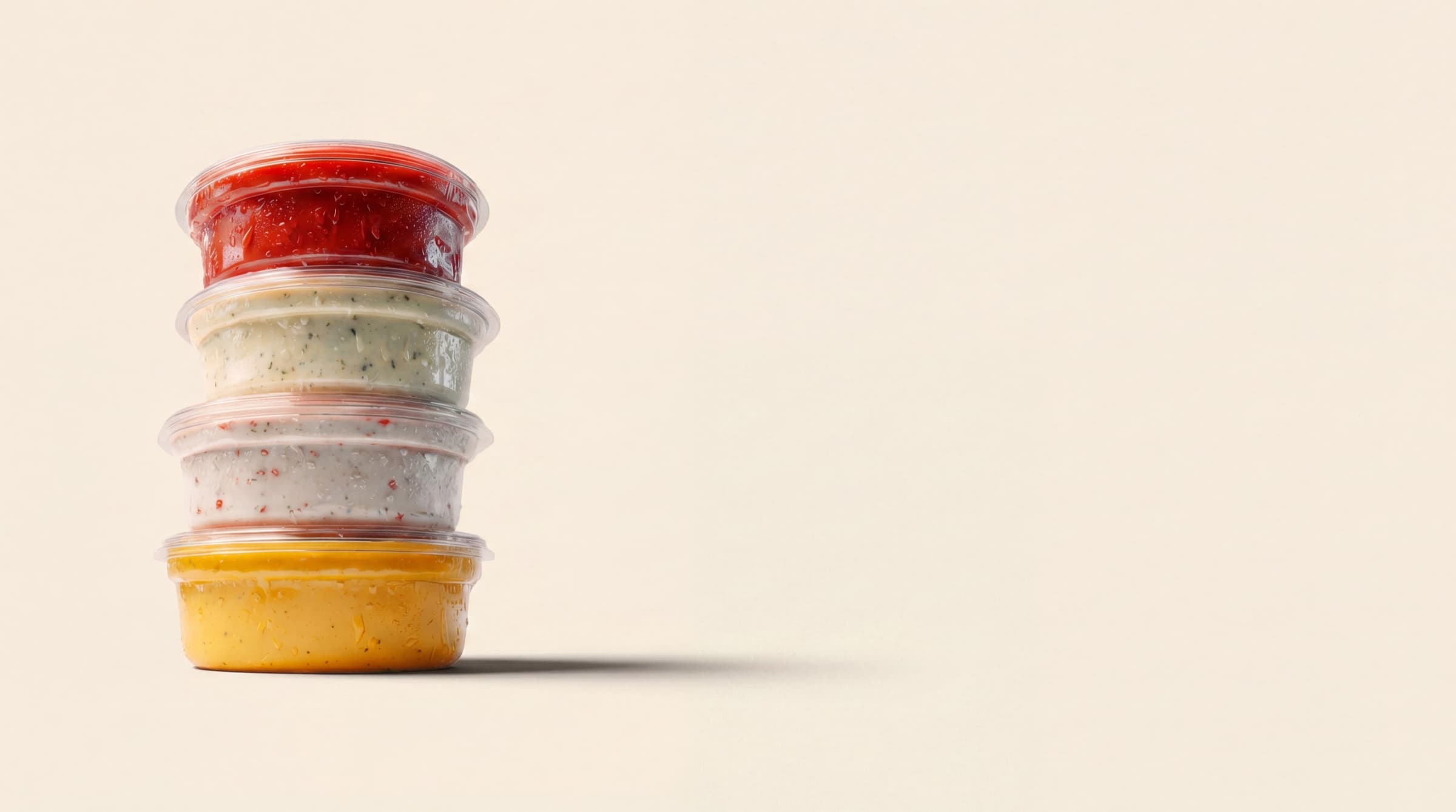 A stack of Sals house-made dipping sauces
