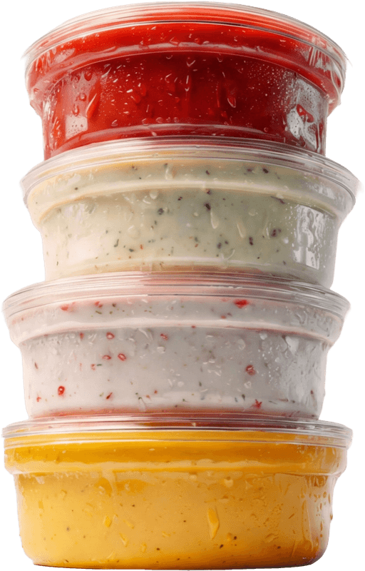 A stack of Sals house-made dipping sauces